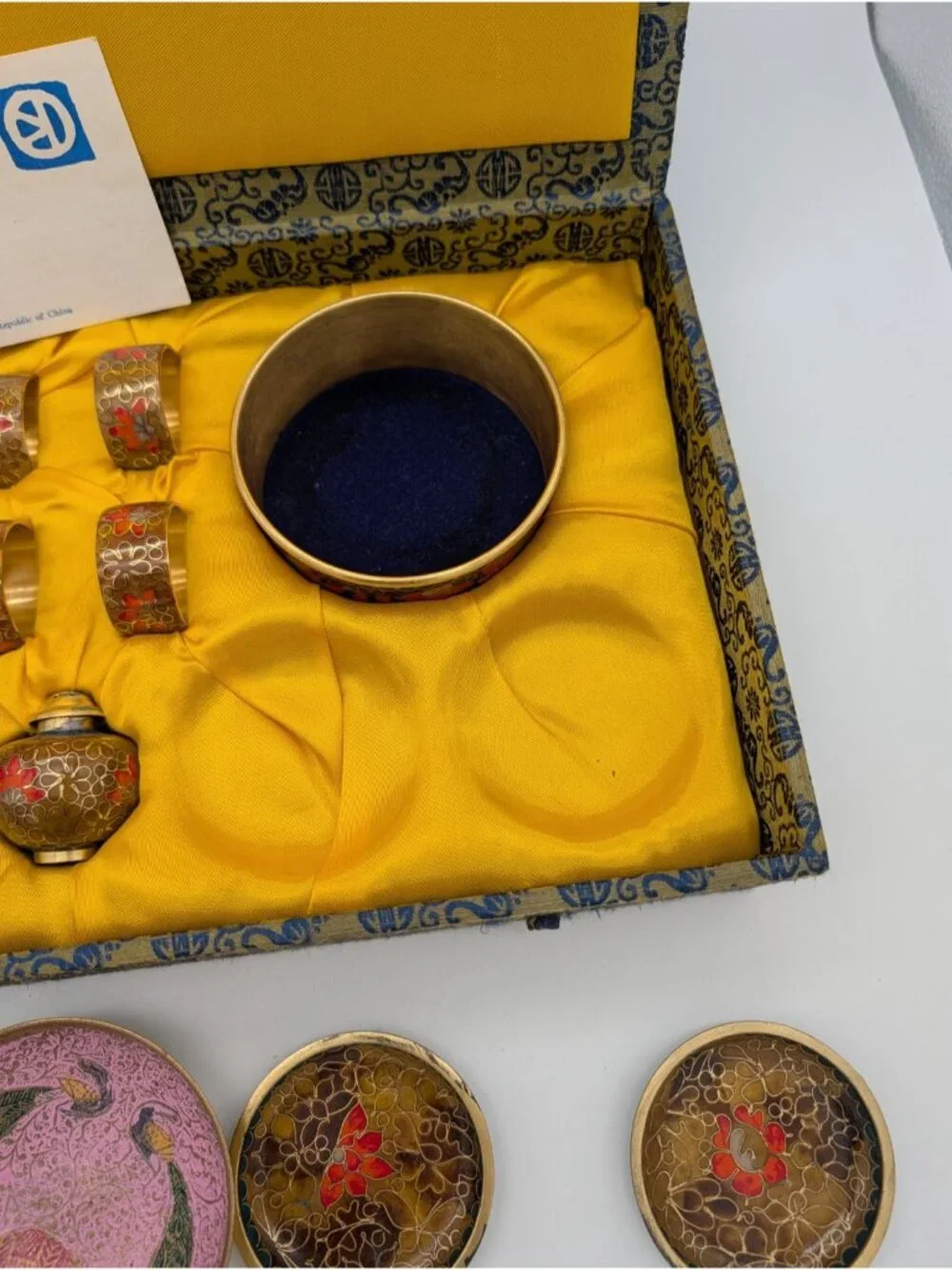 Chinese Cloisonné Enamel Table Set in the Original Decorative Box as is